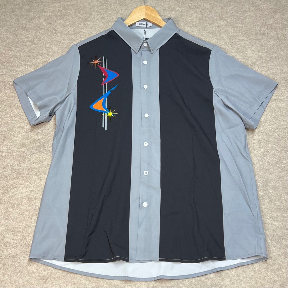 Hawalili Mens Large Retro Atomic Mid Century Modern Bowling Shirt Grey Black NWT
